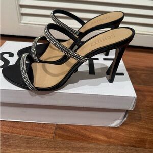 SCHUTZ Black Strappy Heels with Rhinestones
